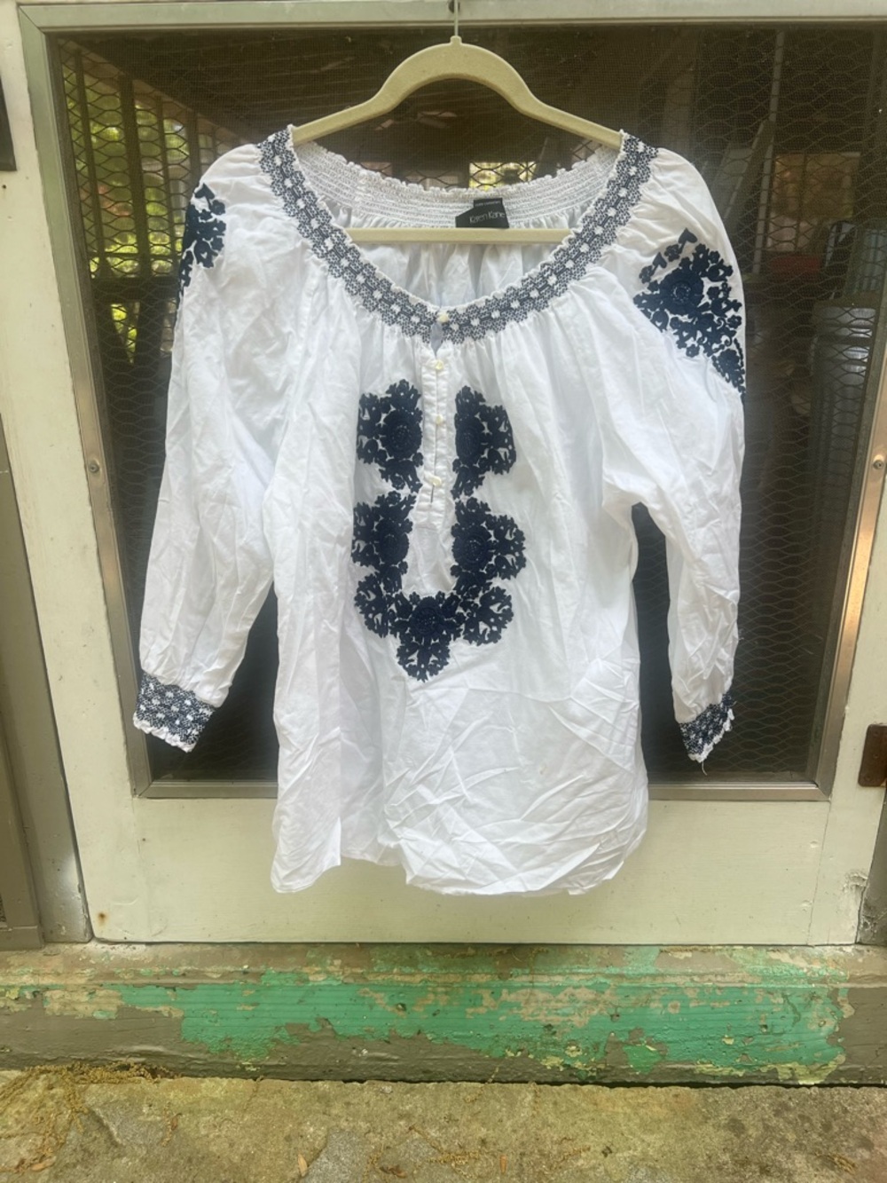 Karen Kane White Tunic with Navy Embroidered Floral Accents